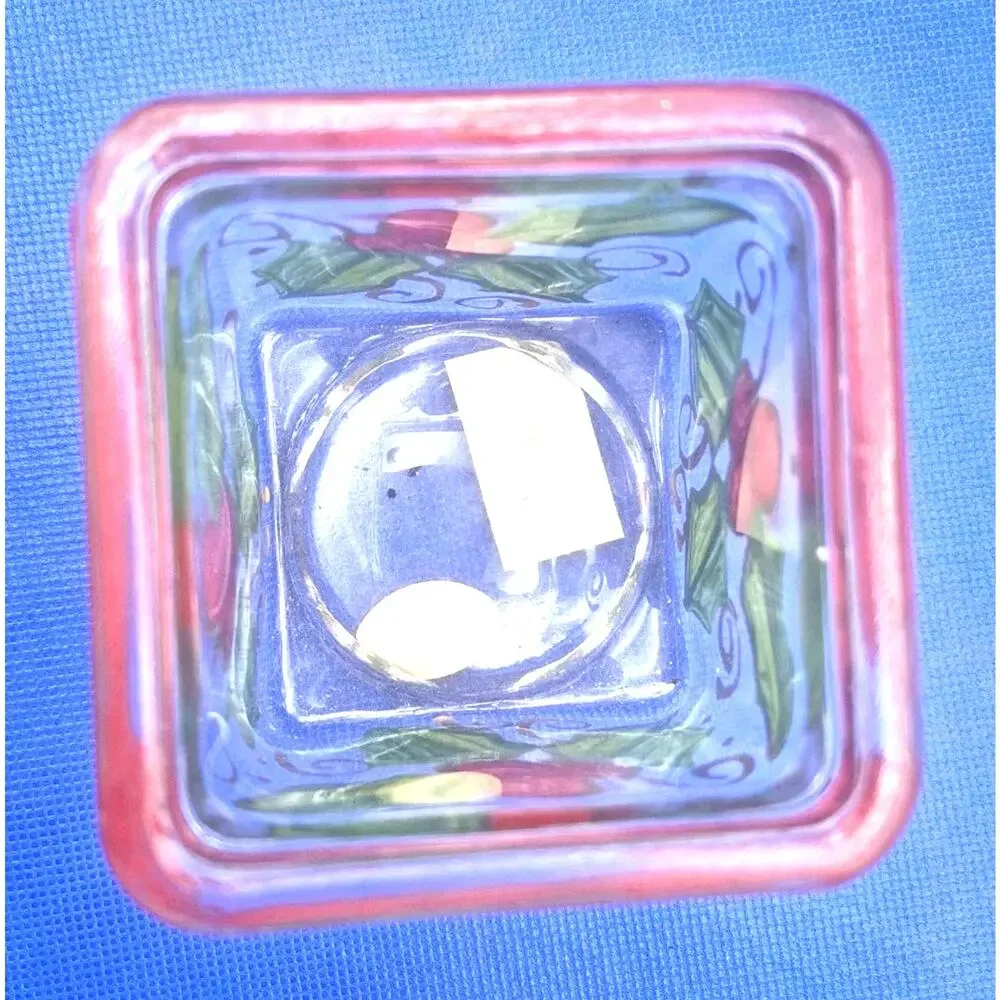 GANZ Bella Casa Handpainted Square Glass Candle Holder Holly Berries 2.5
